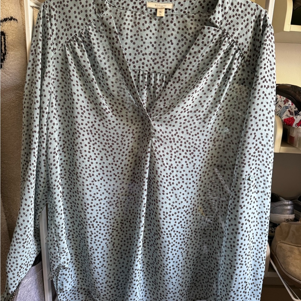 Pleione Anthropologie Top Womens Large blue with brown dots